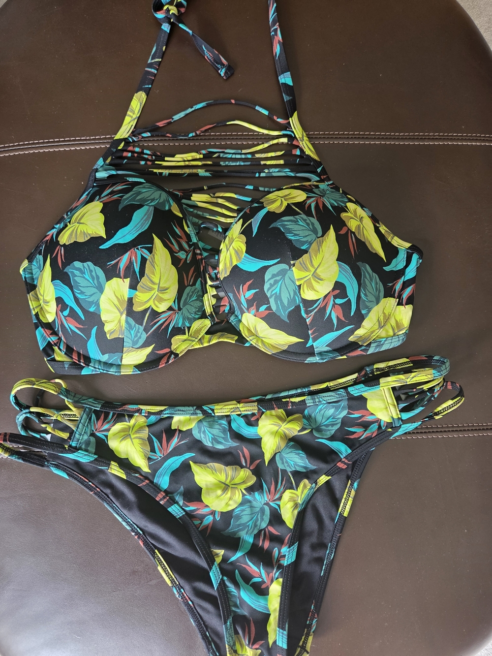 Victoria's Secret Black Halter Bikini with Lime & Teal Leaf Print